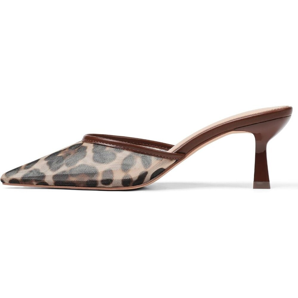 Women's Mesh Leopard Kitten Heels Closed Pointed Toe Stiletto Heels Black Mules